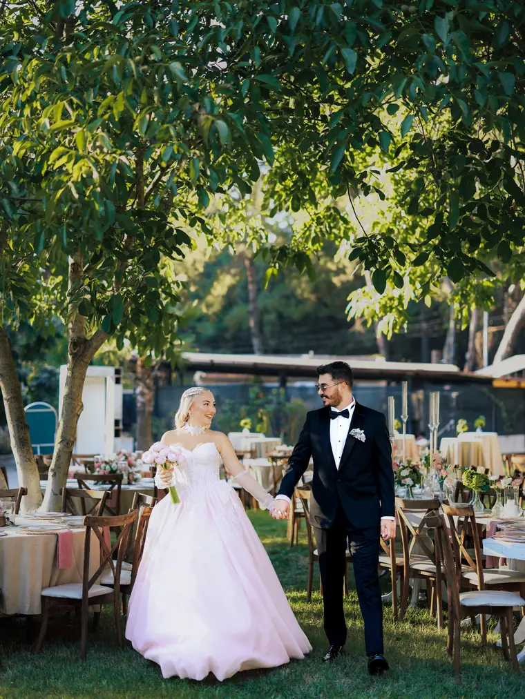 A couple walking in the garden
