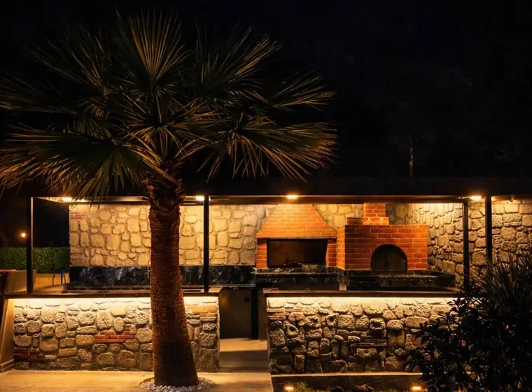Gece aydınlatmalı barbekü alanı ve palmiye